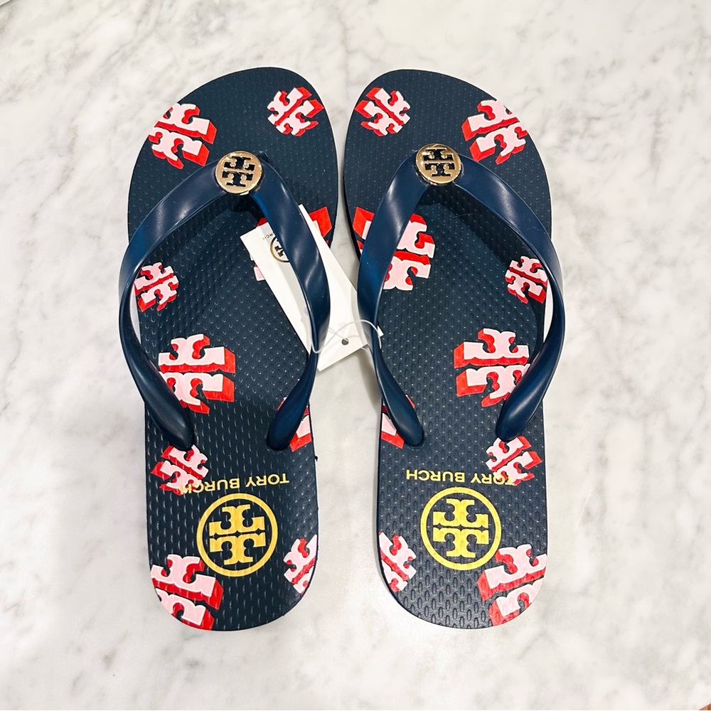NWT TORY BURCH Navy with Pink and Red Logo Flip Flop SIZE 7 Flip Flops